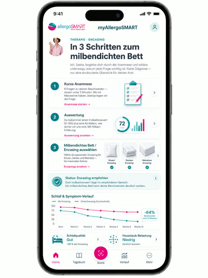 Modul Encasing in der App: Anamnese, Indikationswert 72 von 100 und Verlauf über zwölf Wochen