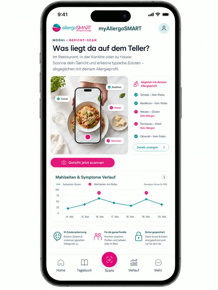 Modul Gericht-Scan in der App: fünf Zutaten abgeglichen, Weizen und Milch als eigene Allergene markiert