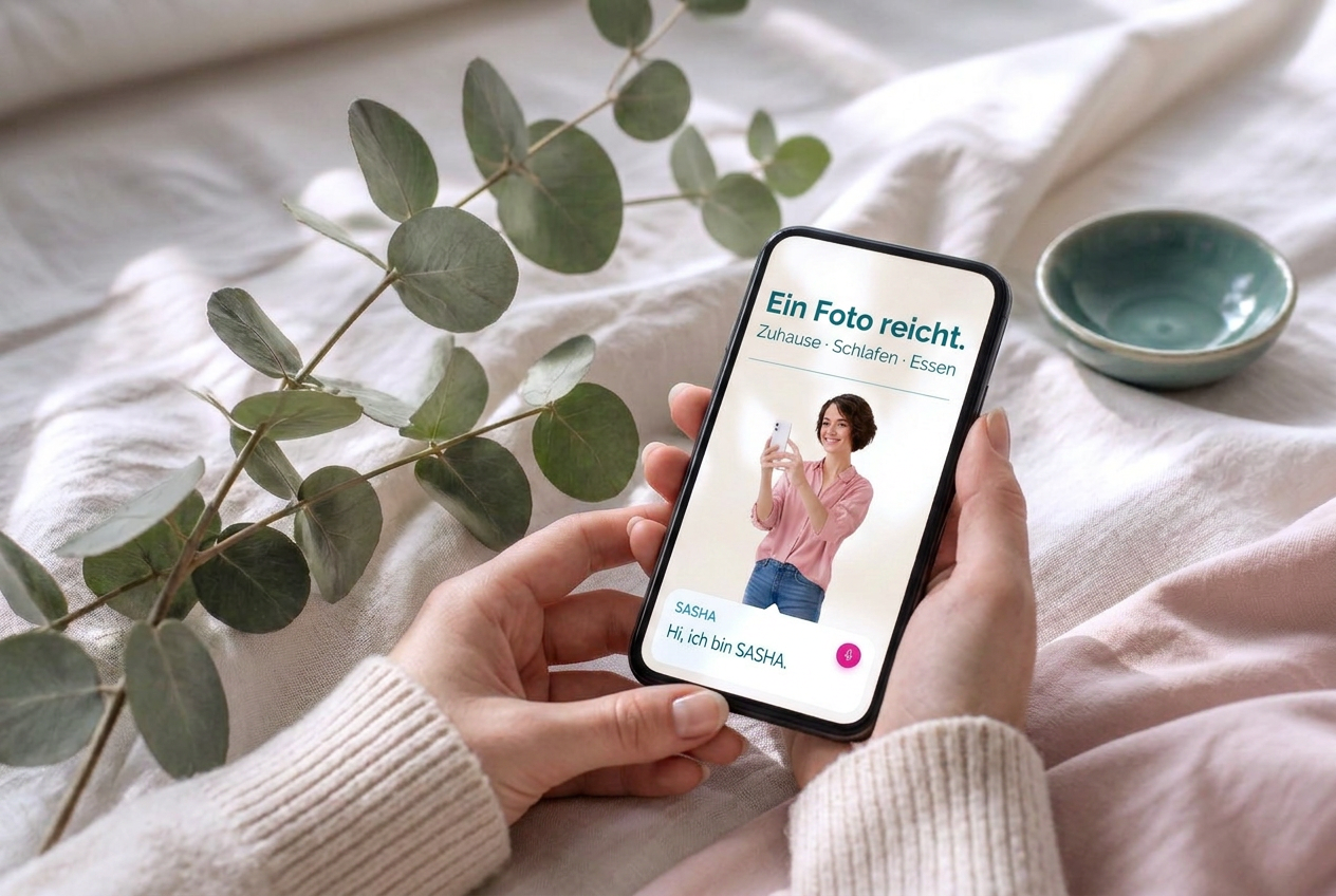 Hände halten ein Smartphone mit der myAllergoSMART-App: SASHA und der Hinweis „Ein Foto reicht.“