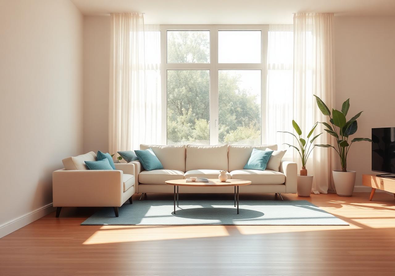 Helles, ruhiges Wohnzimmer mit Tageslicht